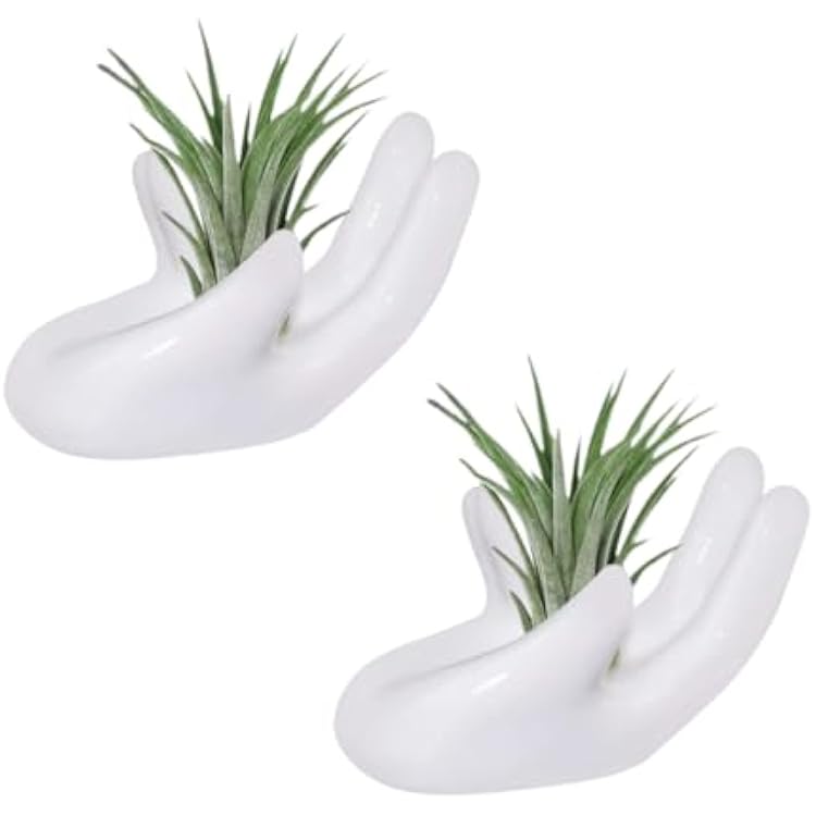 2 PCS Air Plant Holder Cute Ceramic Mini Hand Shape Stand Airplants Tillandsia Small Container Pot Plant Decorative Home Decor for Desk Table Shelf Window, White