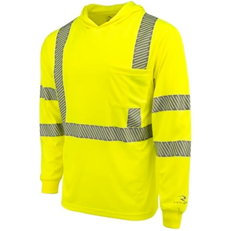 RADWEAR ST61-3 Class 3 Long Sleeve Moisture Wicking Safety T-Shirt with Hood and UPF 50 Sun Protection for Men and Women, Hi-Vis Green, 2X
