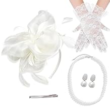 4 PCS Fascinators Hat Wedding Cocktail Tea Party Headwear with Lace Gloves Pearl Necklace Earrings (White)