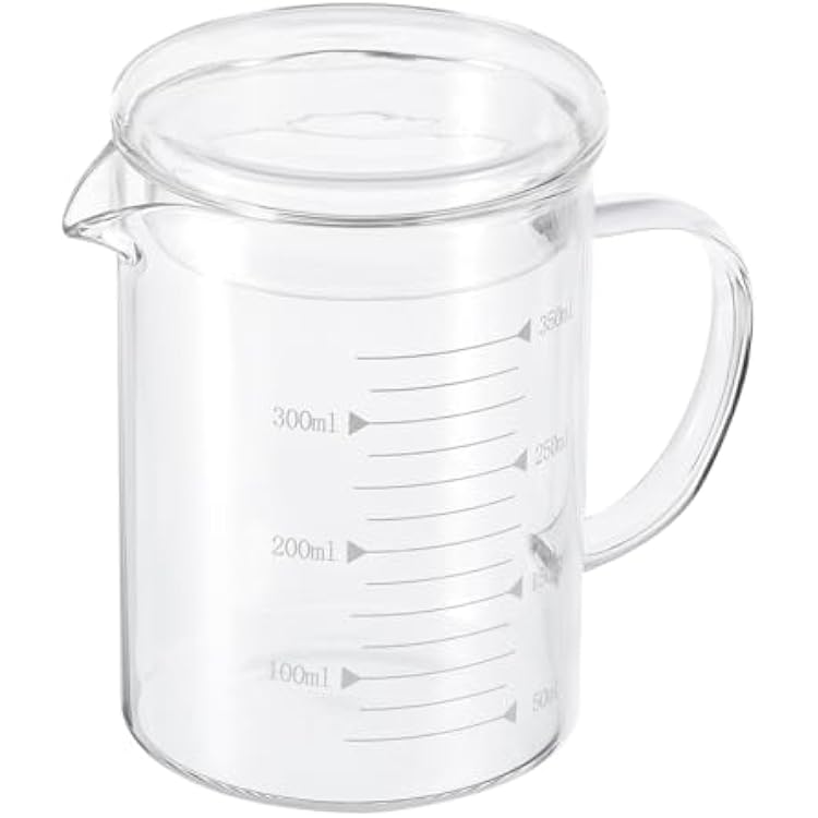 PATIKIL 350ml Glass Measuring Cup, 3.3 Borosilicate Glass Graduated White Printed Scale Liquid Measure Cups Beaker with Glass Lid and V-Shaped Spout for Kitchen