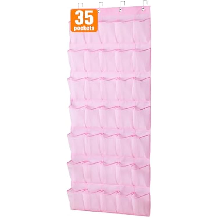 MISSLO 35 Large Pockets Over The Door Shoe Organizer Sturdy Oxford Fabric Hanging Shoe Rack for Door Mesh Closet Shoe Holder Hanger, Pink
