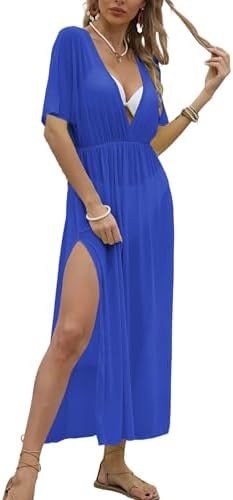 Women's Mesh Sheer Swimsuit Cover Ups Sexy Deep V-Neck Elastic Waist Side Slit Bikini Beach Cover Up Dress Summer (Blue, ONE SIZE)