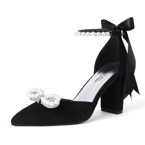 ShowHow Womens Pearl Wedding Shoes for Bride Closed Toe Heels Chunky Block Dress Heels Pointed Toe Rhinestone Pearl Ankle Strap Heels for Bridesmaid Prom Wedding Party Work
