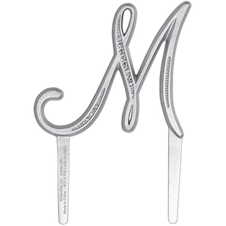 DecoPac Monogram M Cake Topper, 1 Piece, Silver Letter Cake Decoration With Clear Rhinestone, 4.5