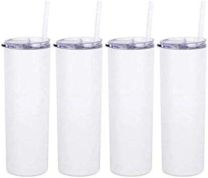 Mr Mower Parts 4 Pack Sublimation 20 OZ White Straight Skinny Tumbler with Plastic Straw, Sublimation Tumblers for Heat Transfer DIY, Sublimation Blanks, Mugs, Double Walled Stainless Steel Travel