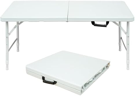 Folding Table 4FT,Portable Heavy Duty Plastic Table With Handle,Adjustable Height, Waterproof Easy to Clean, 300LBS Capacity, Anti-Slip Feet, Easy to Fold and Store, for Indoor and Outdoor Use(White)