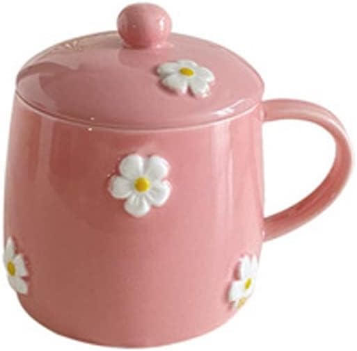 Mugs Ceramic Mug Household Tea Cup Korean Milk Cup Hand-Painted Daisy with Lid Cup Can Be Microwaved Coffee Cup(Pink)