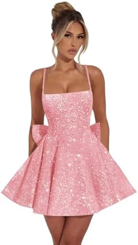 Yexinbridal Sequin Square Neck Homecoming Dresses Short Spaghetti Straps Prom Dress Glitter Teens Cocktail Party Gowns