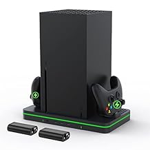 Charging Stand with Cooling Fan, CODOGOY Vertical Stand Compatible with Xbox Series X/S Console&Controller, Dual Controller Charger Station Dock with 3 USB Ports,2*1100 mAh Rechargeable Battery Packs