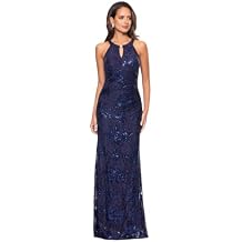 Betsy & Adam Women's Betsy & Adam Women's Halter Neck Gown with Keyhole Detail, Ruched Bodice, and Allover Floral Sequin Design