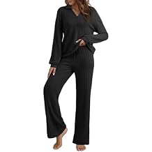 EVALESS Womens Pajama Sets Long Sleeve Sleepwear Matching Drawstring Elastic Pj Pants Ribbed Knit 2 Piece Lounge Set
