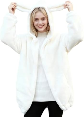 Fluffy Bear Hoodie with Ears for Women Fuzzy Bunny Ear Hoodie Kawaii Bear Sweater Jacket Warm Plush Sweatshirt