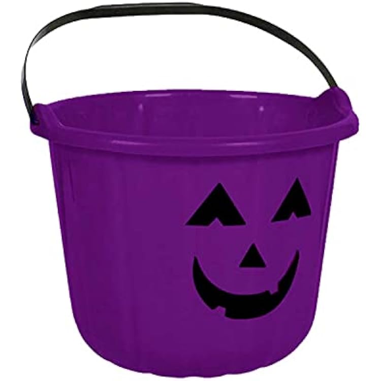 PMU Halloween Jack-O-Lantern Trick or Treat Pail Bucket - Two Sided Design Candy Gift Basket for Kids - Pumpkin Plastic Buckets with Handle - Perfect Halloween Decor - 9 Inch Purple Pkg1