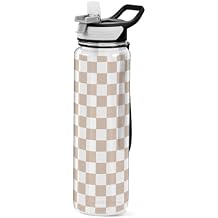 Kids Water Bottle with Straw Lid, Brown White Checkered Water Bottle Leakproof BPA Free Tritan 32oz Drinking Bottles for Boys Girls Women Men Sports School