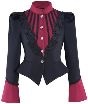 Saniplaycos Women's Medieval Edwardian Short Gothic Jackets Steampunk Black Top Victorian Tuxedo Retro Lace Trim Outwear