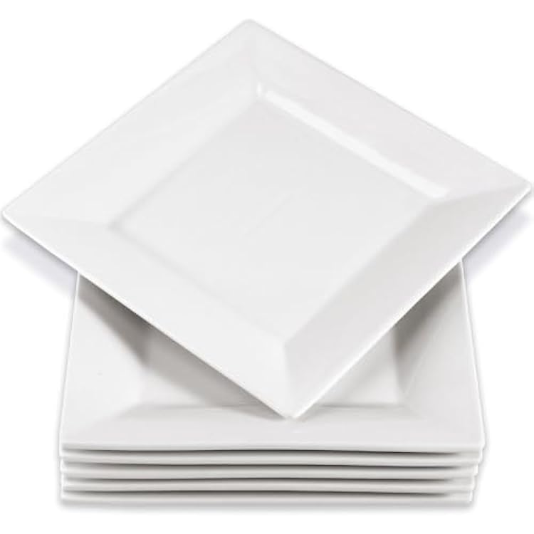 6 PCS Porcelain Square Dessert Plates, 10 Inch White Square Plates, Ceramic Dinner Plates for Salad Steak Pasta, Porcelain Serving Plates for Appetizer Dessert, Microwave and Dishwasher Safe