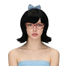 Coraline Flip Out Wig Black 50s and 60s Women Short Bob Halloween Hair Bow and Red Glasses Synthetic Bang Wig