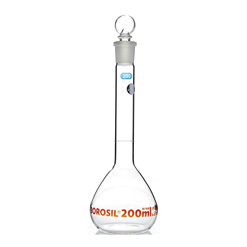Foxx Life Sciences 5647020D Borosil Flasks, Volumetric, Class A, WM, Clear, Glass St., 200mL, 1926, Ind. Cert, 10Cs, .052Gallons, Degree C, Borosilicate Glass, Pack of 10