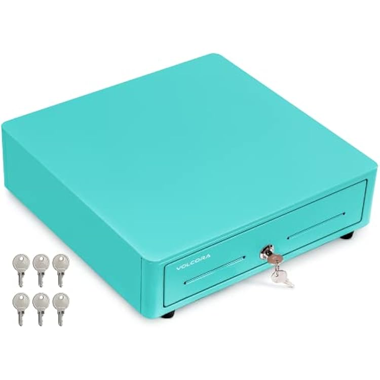 Volcora Cash Register Drawer for POS Point of Sale System with Round Corner 13, Removable Coin Tray, 4 Bill5 Coin, 12-24V, RJ11RJ12 Key-Lock, Media Slot,Cash Till, for Businesses, Light Blue