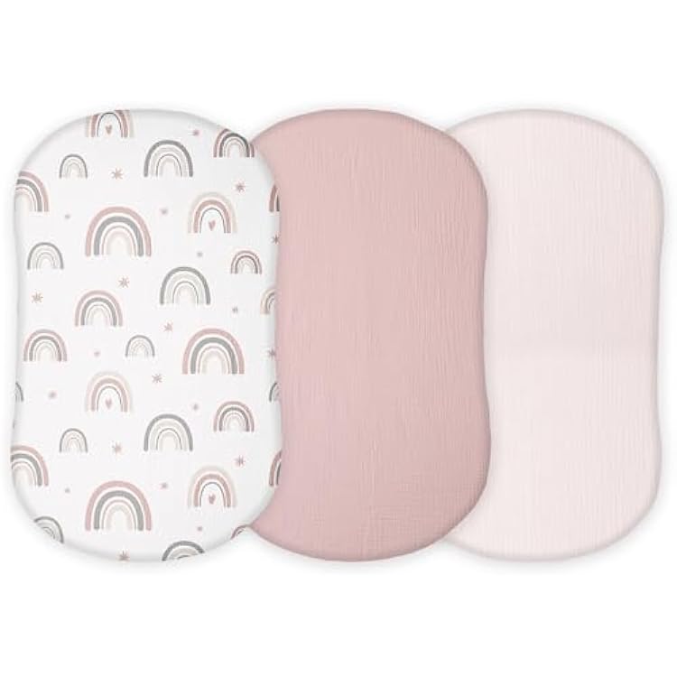 TansyPanda Muslin Halo Bassinet Sheets for BassiNest Luxe Swivel, Soothing, Swivel, Lite, Essential Sleeper, 3 Pack, 33 X 17 Inch, Ultra Soft, Snug Fit, Unisex Boys Girls, Gray White Pink