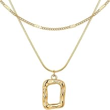 Gold Layered Necklace for Women Trendy Jewelry 14K Real Gold Plated Chunky Chain Stackable Necklaces Dainty Choker Necklaces Rectangle Square Pendant