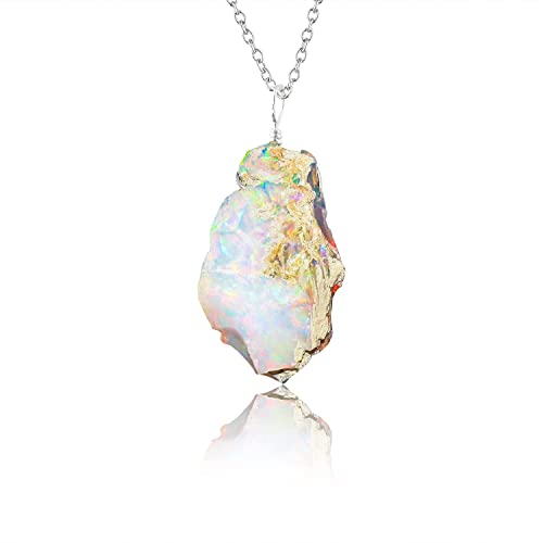 InfinityGemsArt Raw Ethiopian Opal Pendant Necklace, 925 Sterling Silver 18 inch Chain, Valentines Day Gifts For Mom Men Women