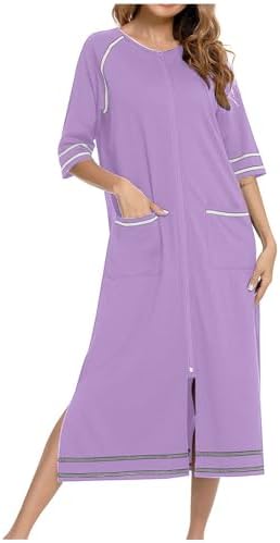 Zipper Robes for Women 3/4 Sleeve Loungewear Nightdress Loose Pajamas Dress Full Length Sleepwear with Pokets