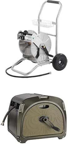 Giraffe Tools Stainless Steel Heavy Duty Water Hose Reel Cart with Wheels, 200 ft of 1/2 Capacity+Giraffe Tools SW5 100ft 5/8" Metal Hose Reel Box,Storage Heavy Duty Reel Hideaway,Green