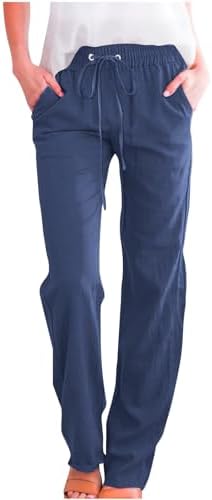 Linen Pants Womens Casual Wide Leg Palazzo Pants High Waisted Drawstring Beach Trousers Loose Fit Cotton Linen Pant