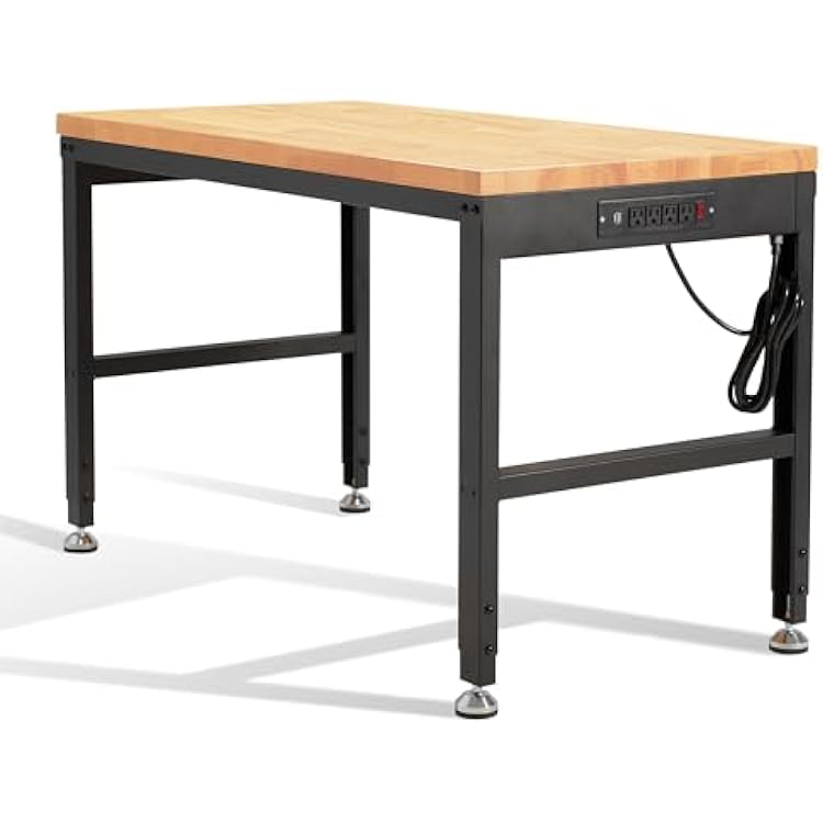 HABUTWAY Height Adjustable Workbench 48x 24 2000 Lbs Capacity Solid Wood Work Station Heavy-Duty Work Tables with Power Outlets for Garage Party Shop Office