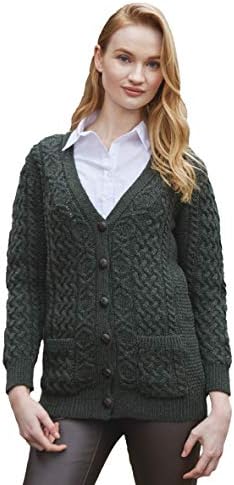 Aran Crafts Womens Irish Cable Knit Soft Buttoned Cardigan 100% Merino Wool