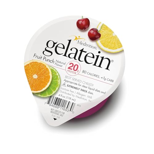 Gelatein Fruit Punch: 20 grams of protein. Sugar free. Ideal for clear liquid diets, swallowing difficulties, bariatric, dialysis and oncology. Great pre or post-workout snack. 12 pack...