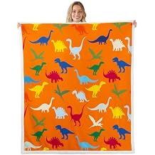Feelyou Dinosaur Fleece Sherpa Blanket Kids Cartoon Dino Throw Blanket Boys Girls Bright Orange Decor Plush Blanket Jungle Animal Fuzzy Throw Blanket Bedroom Twin 60"x80"