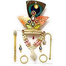 Laddu Gopal Ji Mukut Mala Shringar Set with Bansuri Kundal Karula & Chhari (6 Items) for Krishna Idol Size 0 No.