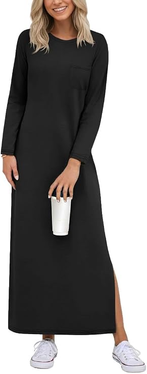 GRECERELLE 2026 Women Spring Fall Casual Round Neck Long Sleeve Loose Split Wrinkle-Free Long Maxi Dress with Pockets