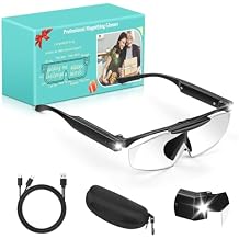 250% Magnifying Glass with Light, Rechargeable Head Magnifier Glasses with Lights, Flip-top Hands Free Magnifier Eyeglasses for Close Work, Jewelry Reading Craft Hobby, Black