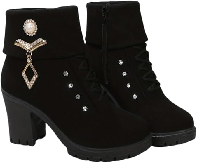 Women's Retro Fashion Casual Chunky Heel Boots,Rhinestone Decoration Lace Up Block Heels,Warm Side Zipper Ankle Boots