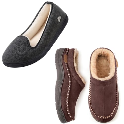 Zigzagger His & Hers Slippers Set of 2 pairs Size 11-12&7,Mens Slip On Moccasin Slipper, IndoorOutdoor Warm Fuzzy Comfy House Shoes, Fluffy Wide Loafer Slippers,Coffee&Dark Grey