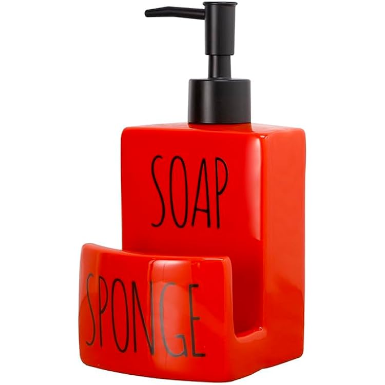 Ceramic soap Dispenser with Sponge Holder for Kitchen Sink Bathroom Counter top Storage and Organization Red