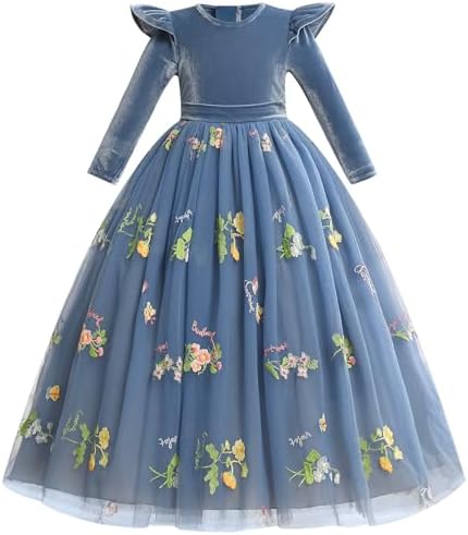 IDOPIP Embroidery Flower Girl Velvet Tutu Dress for Kids Princess Birthday Party Pageant Wedding Dresses Fall Winter Clothes