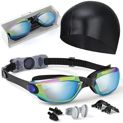 Kids Swim Goggles, Swimming Goggles for Kids Toddlers 3-14 with Swim Cap, Nose Clip, Nose Bridge, Ear Plugs