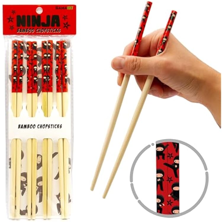 GAMAGO Ninja 2 Bamboo Chopsticks Set 4 Pair of Adorably Cute Reusable Chop-sticks - Easy Grip, Lightweight, Durable, 9.25 Inches