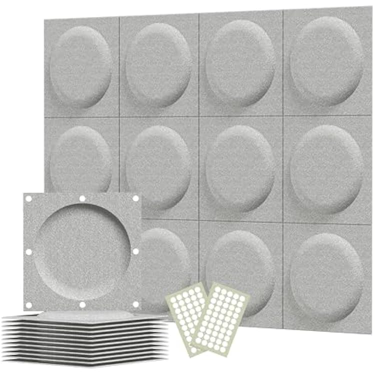 Acoustical 3D Wall Panels, 12 Pack 12x12x0.12 Circle Art Acoustic Panels for Interior Wall Decor, Decorative Acoustic Panels, Wall 3D Art Light Gray