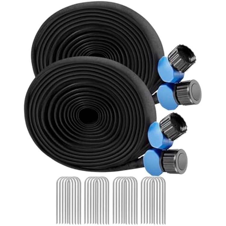 Flat Soaker Hose 50 ft with Stakes for Garden, 25ft x 2 Linkable Drip Hose Diy Garden Irrigation System Saving 80% Water, Dual-layer Leak-free Design Water Hose with Holes