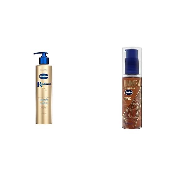 Vaseline Radiant X Even Tone Nourishing Body Lotion With 1% Niacinamide, Coconut Oil, Vitamin C, Peptides 11 oz & Illuminate Me Shimmering Body Oil Created for Melanin Rich Skin