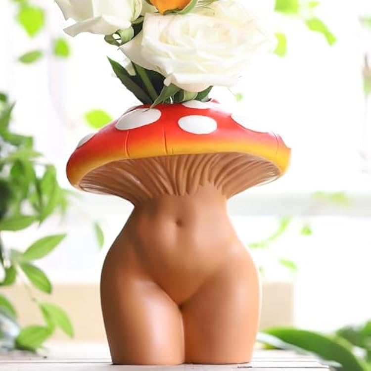 GUGUGO Mushroom Lady Body Vase for Flower, Funky Mushroom Decor, Eclectic Lady Form Butt Vases for Flowers, Unique Cute Face Head Room Decor Aesthetic for Modern Home, Gradient Head & Bronze Body