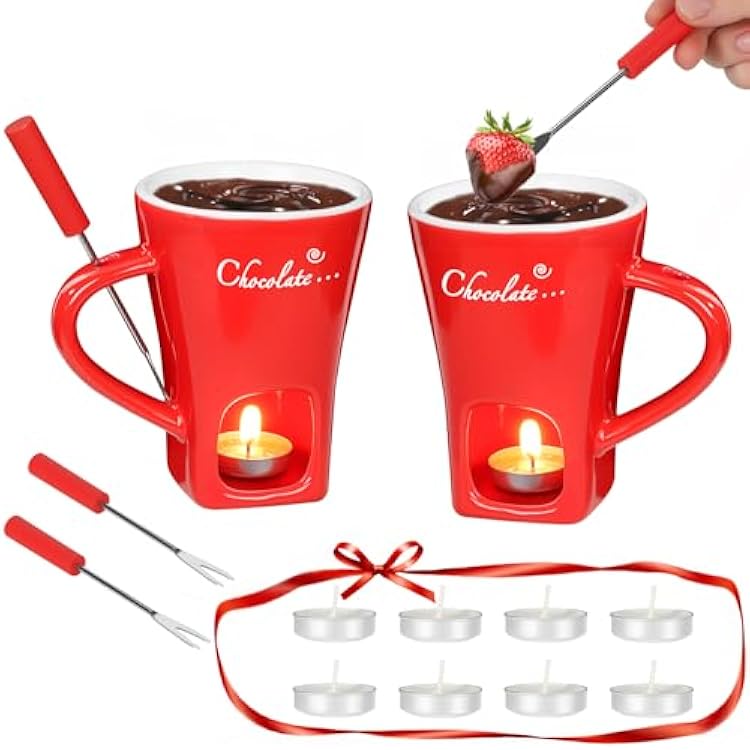Fondue Pot Cup Set, Chocolate Melting Fondue Mugs 2 Pack with 4 Forks & 8 Tealights, Mini Red Ceramic Fondue Set for Cheese, Marshmallows, Sweet Fondue Cup for Date Night Party Wedding or Holiday Gift