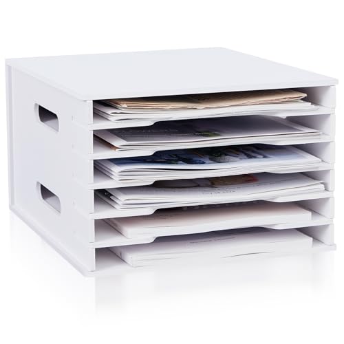 Juexica 6 Tier 8.5 x 11 Scrapbook Paper Organizer, White Cardstock File Organizer with Adjustable Shelves, Stackable Paper Trays, Desktop Storage Rack Document Holder for Desk Home Office