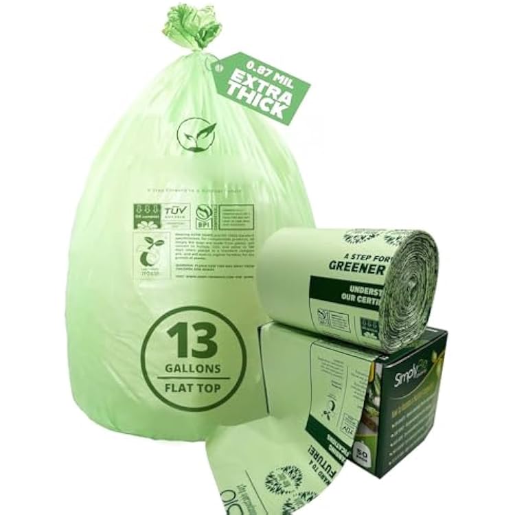 13 Gallon Compostable Trash Bags with Flat-Top, Thick 0.87 Mil, 49.21 Liter, 50 Bags, Tall Kitchen Food Scrap Waste Bag, ASTM D6400, US BPI and OK Compost Home Certified