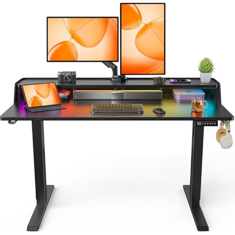 ErGear Standing Desk with LED Strip, 48 x24 Electric Height Adjustable RGB Gaming Desk with Shelf, Sit Stand Desk with Dual Cable Holes, C-Clamp Mount Compatible, 4 Preset Heights, Black